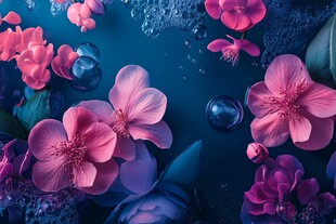 梦幻蓝底粉花与气泡景观