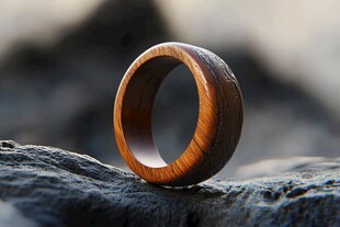 木质戒指静置于岩石之上