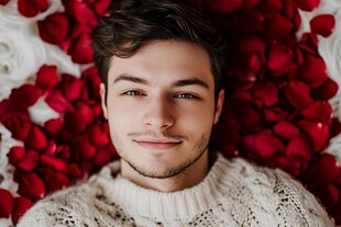 男子躺于玫瑰花瓣中微笑