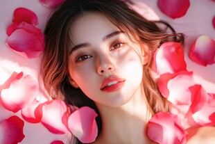 玫瑰花瓣中的迷人少女