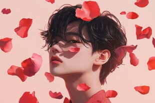 少年置身玫瑰花瓣梦幻场景