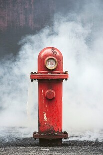 红色旧消防栓前的烟雾景象