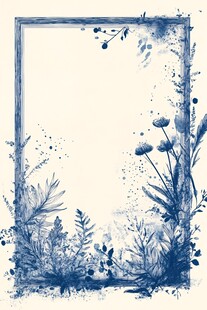 蓝调手绘花卉边框图案