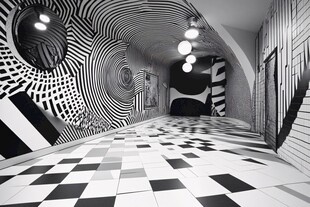 黑白艺术风的奇幻走廊空间