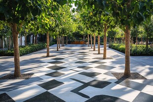 黑白拼花步道的林荫景观