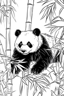 熊猫栖于竹林黑白线稿图