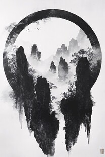 水墨山水圆环意境图