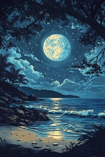 月夜下的静谧海边景色