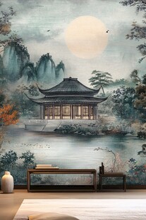 中式山水楼阁意境壁画