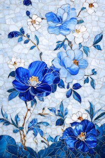蓝白花卉马赛克艺术图案
