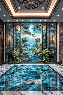 中式玄关山水壁画大理石地面