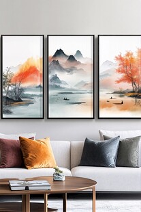 三联水墨山水客厅装饰画