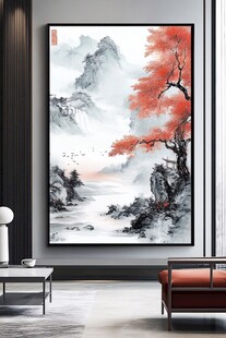 中式水墨山水红叶装饰画