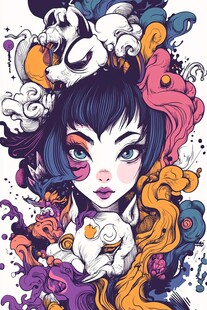 奇幻少女与萌兔梦幻插画