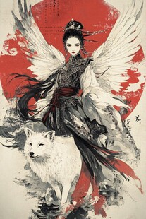古风飞翼女子与白狼奇幻图