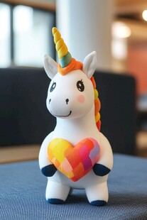 可爱独角兽玩偶抱彩色爱心