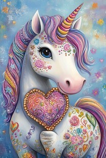 梦幻独角兽抱爱心花朵图案