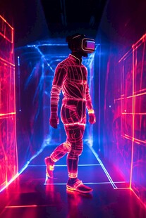未来感VR体验者漫步光影间