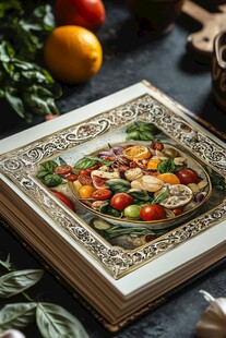 书中精美菜肴与新鲜蔬果