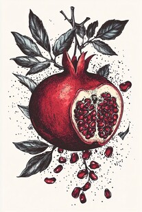 手绘红石榴果实与枝叶图