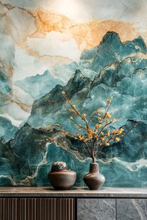 山水大理石背景与雅致摆件