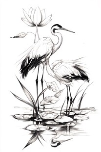 水墨双鹤立于荷塘之畔