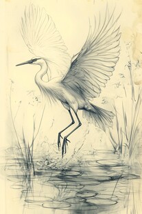 白鹭展翅于水泽间