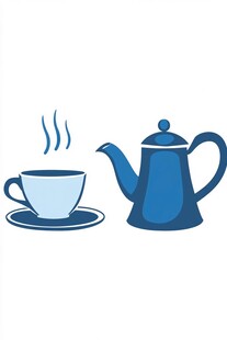 蓝色茶壶与热气腾腾茶杯