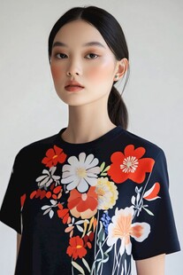 花卉印花T恤模特展示