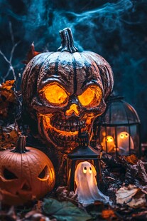 恐怖南瓜灯营造万圣氛围