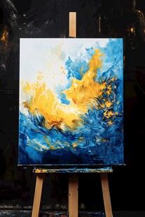抽象油画作品展示于画架上