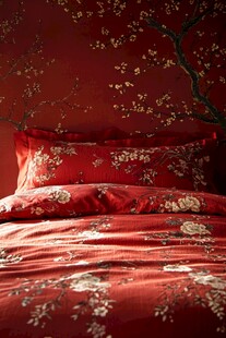 中式红底花卉精美床品