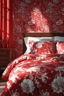 中式红底花卉卧室床品