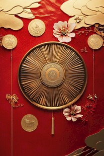 中式金红风圆形器物节庆图