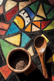 多彩马赛克上的木碗与木勺
