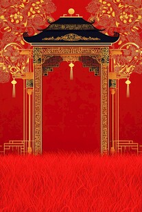 中式喜庆红金拱门背景图