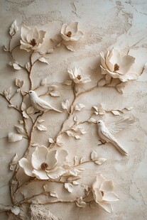 立体花卉与飞鸟墙面装饰