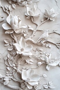 白玉兰浮雕 花鸟相依之美