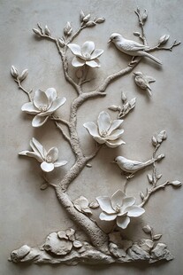 玉兰花鸟立体浮雕艺术