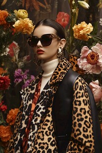 豹纹时尚女郎与繁花背景