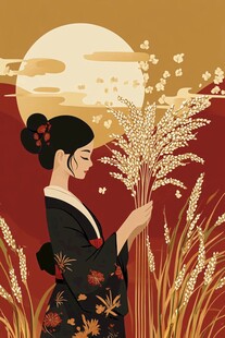 身着和服的女子与金黄稻穗