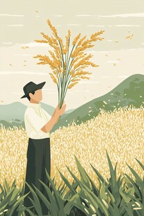 农民持稻穗于金黄稻田中