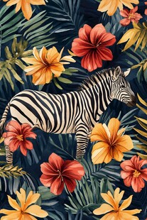 斑马置身热带花卉丛林中