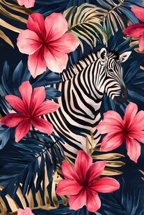 斑马置身热带花卉丛林中