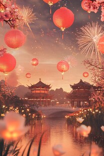 中式夜景 灯笼烟花映古建