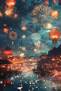 夜放烟花映古景庆佳节