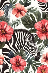 斑马与花卉的热带风情图案