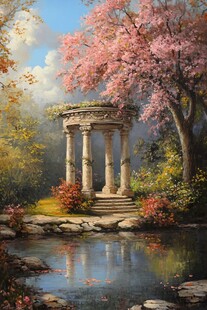 春日浪漫花园中的古典凉亭