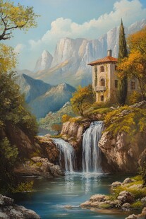 山间瀑布旁的静谧小屋