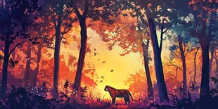 夕阳下森林中的孤独老虎